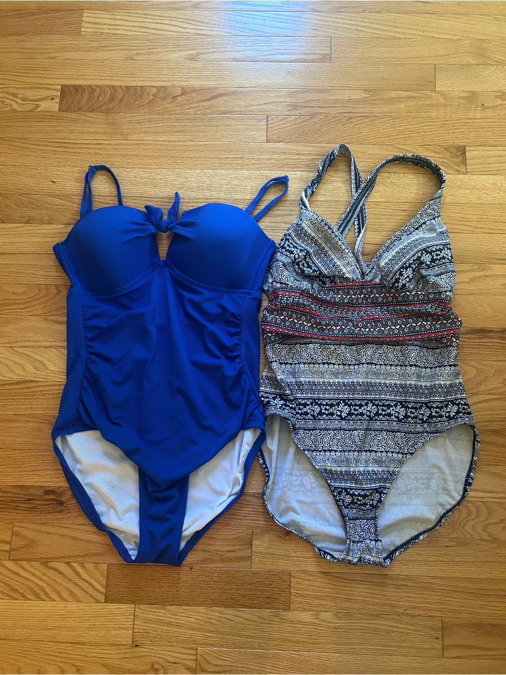Kona Sol Blue One-Piece Swimsuit and Merona patterned swimsuit